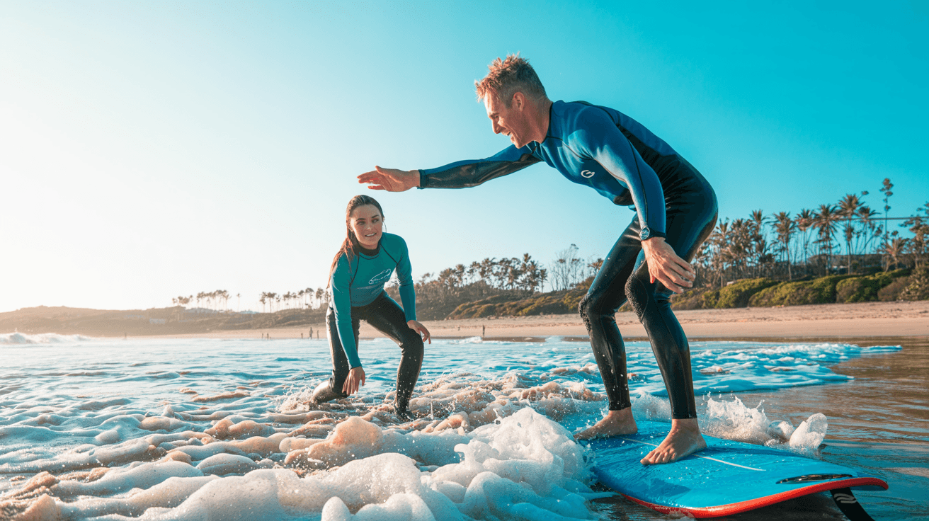 Surf instructor teaching a student